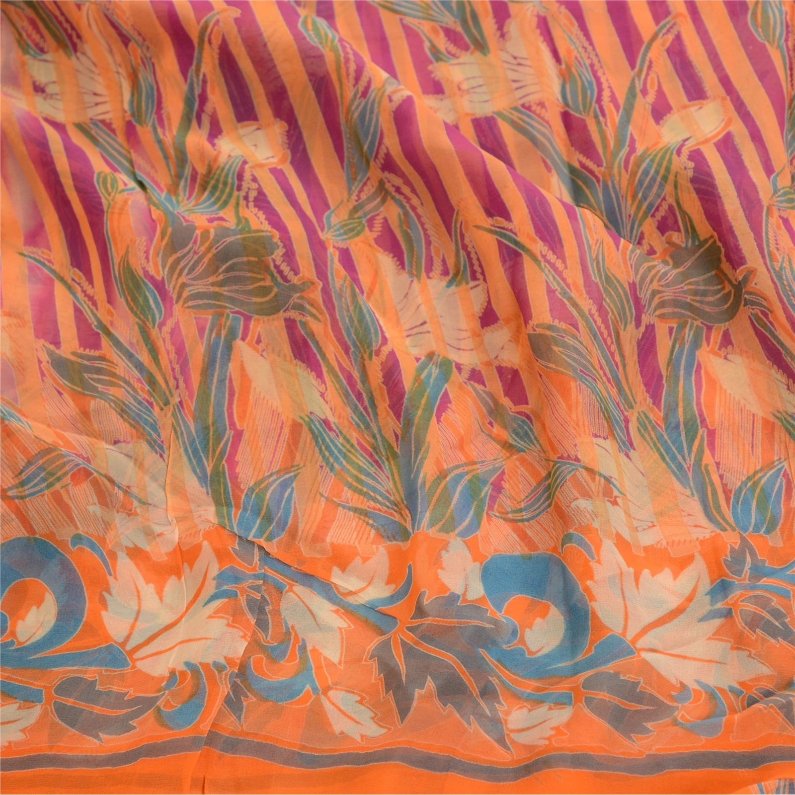 Sanskriti Vintage Sarees Indian Orange Blend Geogette Printed Sari Craft Fabric, PRG-11806-Orange-Printed Floral Design-Blend Georgette-6