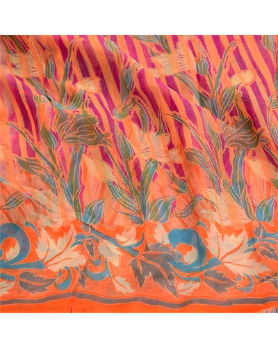 Sanskriti Vintage Sarees Indian Orange Blend Geogette Printed Sari Craft Fabric, PRG-11806-Orange-Printed Floral Design-Blend Georgette-6