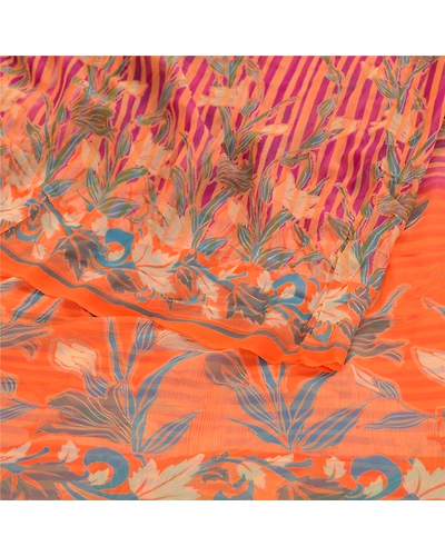 Sanskriti Vintage Sarees Indian Orange Blend Geogette Printed Sari Craft Fabric, PRG-11806-Orange-Printed Floral Design-Blend Georgette-7
