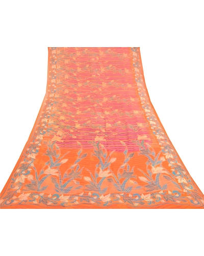 Sanskriti Vintage Sarees Indian Orange Blend Geogette Printed Sari Craft Fabric, PRG-11806-Orange-Printed Floral Design-Blend Georgette-8