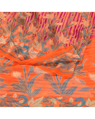 Sanskriti Vintage Sarees Indian Orange Blend Geogette Printed Sari Craft Fabric, PRG-11806-Orange-Printed Floral Design-Blend Georgette-9
