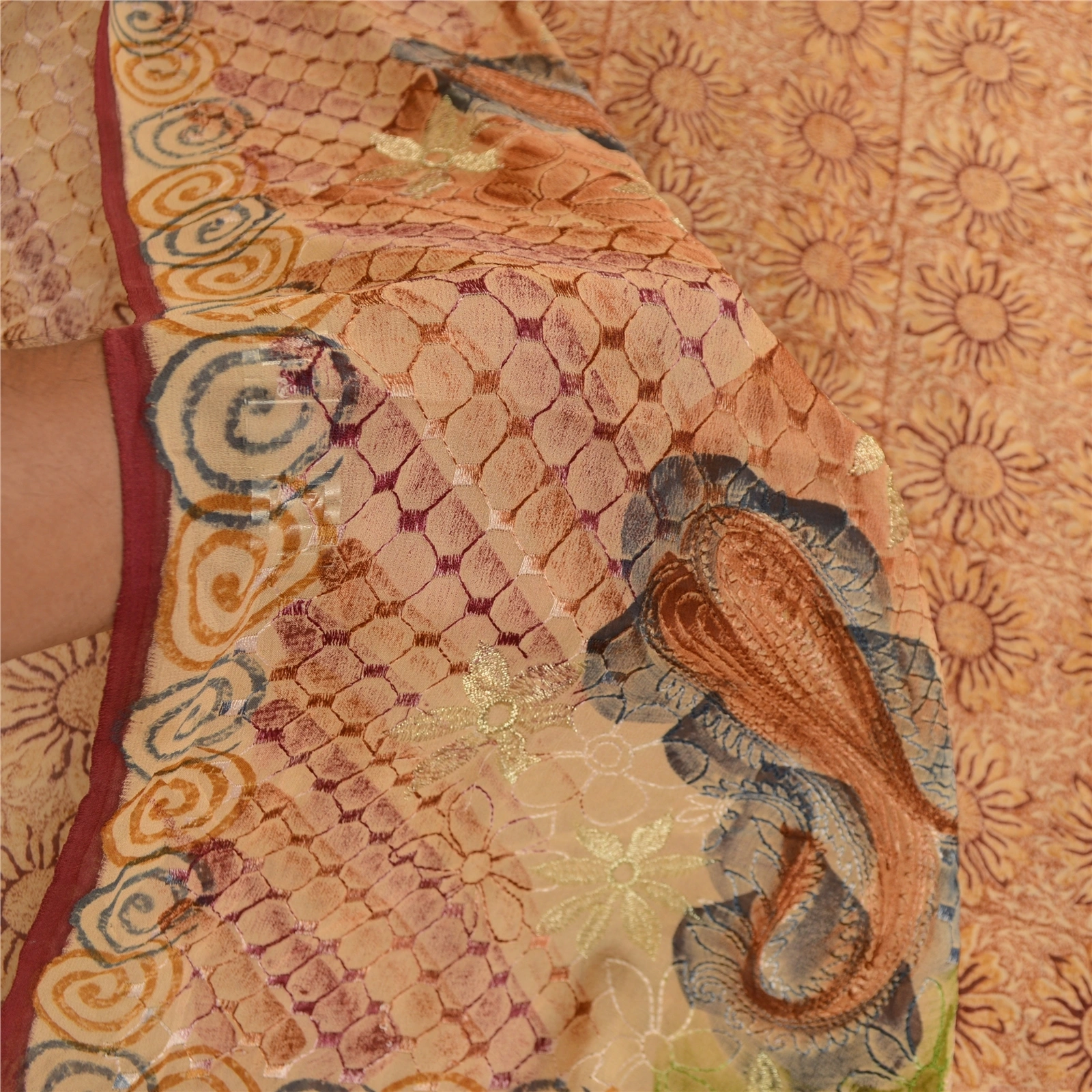 Sanskriti Vintage Sarees Brown Pure Geogette Silk Embroidery Printed Sari Fabric, PRG-11807-Brown-Printed Floral Design-Pure Georgette Silk-4