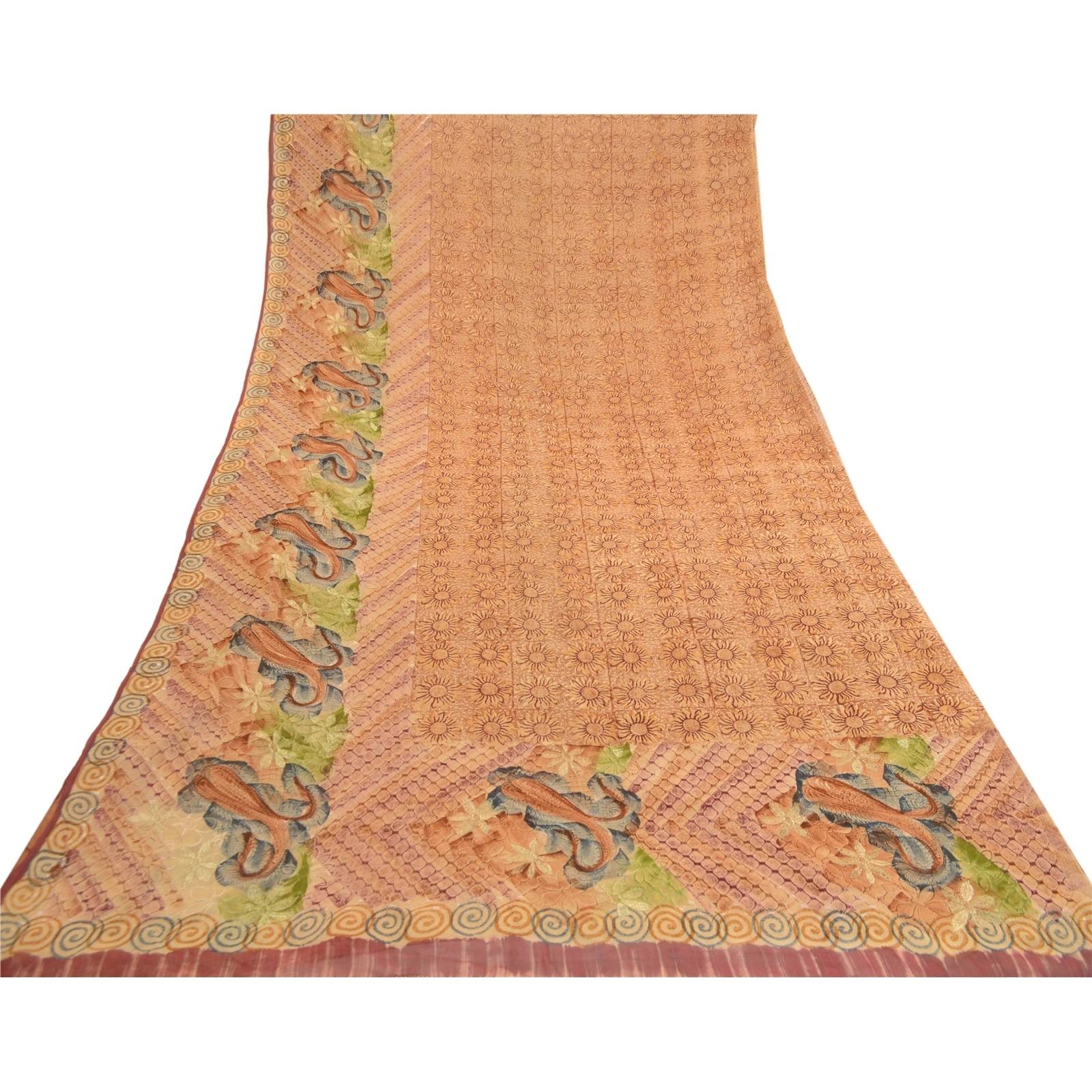 Sanskriti Vintage Sarees Brown Pure Geogette Silk Embroidery Printed Sari Fabric, PRG-11807-Brown-Printed Floral Design-Pure Georgette Silk-8