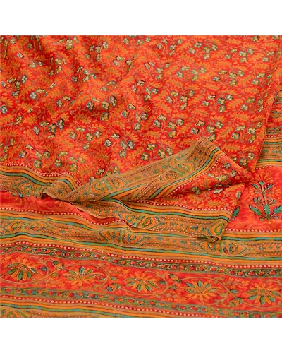 Sanskriti Vintage Sarees Red Pure Geogette Silk Printed Sari Soft Craft Fabric, PRG-11809-Red-Printed Floral Design-Pure Georgette Silk-7