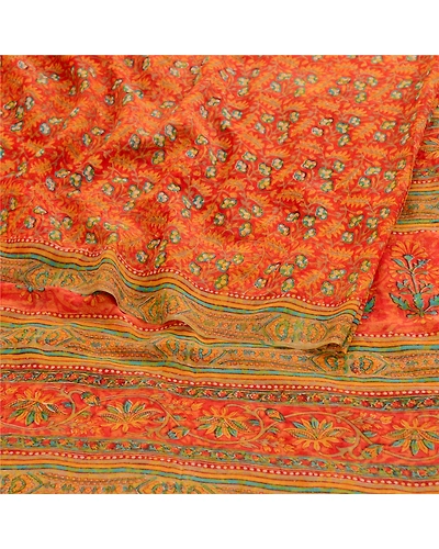 Sanskriti Vintage Sarees Red Pure Geogette Silk Printed Sari Soft Craft Fabric, PRG-11809-Red-Printed Floral Design-Pure Georgette Silk-9