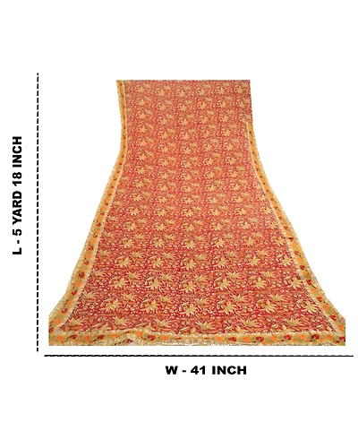 Sanskriti Vintage Sarees Red Blend Georgette Printed Patch Work Sari Craft Fabric, PRG-11811-Red-Printed Floral Design-Blend Georgette-3