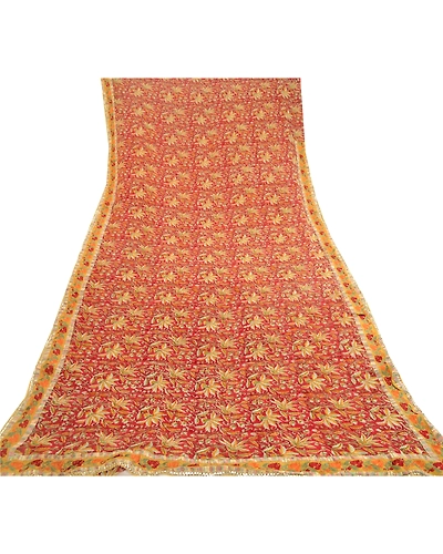 Sanskriti Vintage Sarees Red Blend Georgette Printed Patch Work Sari Craft Fabric, PRG-11811-Red-Printed Floral Design-Blend Georgette-8