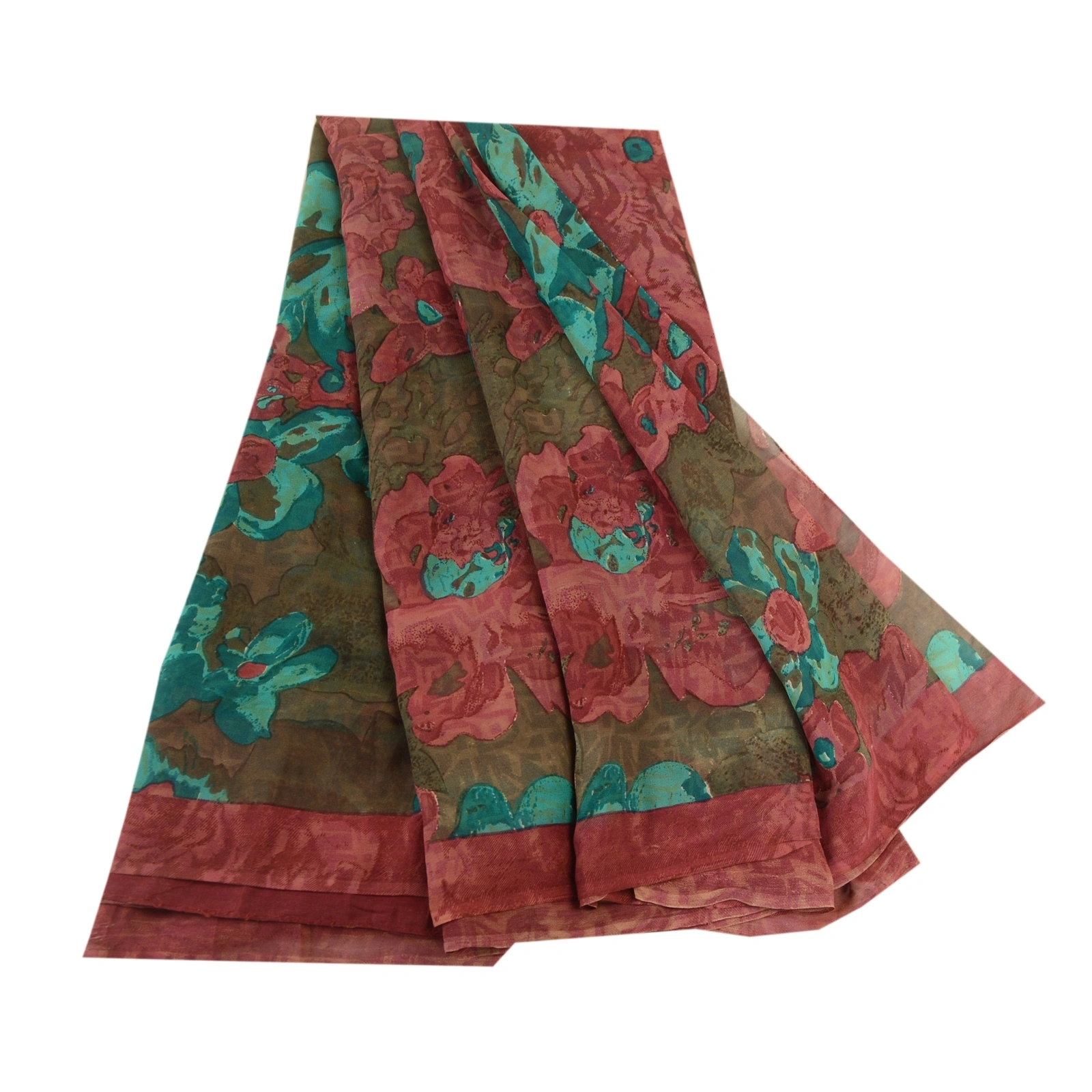 Sanskriti Vintage Sarees Brown From India Pure Georgette Silk Printed Sari Fabric, PRG-11816-Brown-Printed Floral Design-Pure Georgette Silk-2