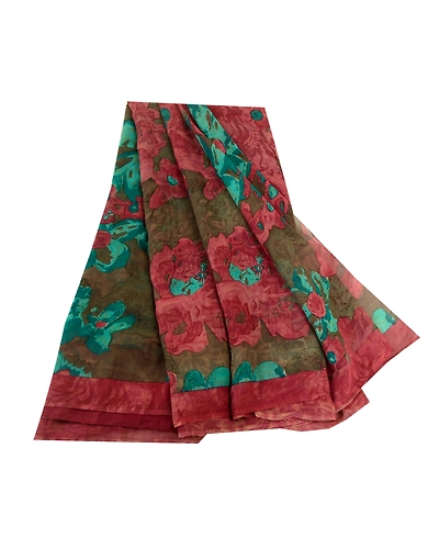 Sanskriti Vintage Sarees Brown From India Pure Georgette Silk Printed Sari Fabric, PRG-11816-Brown-Printed Floral Design-Pure Georgette Silk-2