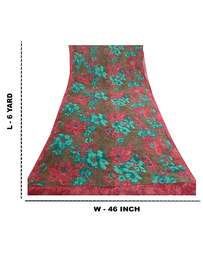 Sanskriti Vintage Sarees Brown From India Pure Georgette Silk Printed Sari Fabric, PRG-11816-Brown-Printed Floral Design-Pure Georgette Silk-3