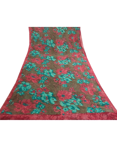Sanskriti Vintage Sarees Brown From India Pure Georgette Silk Printed Sari Fabric, PRG-11816-Brown-Printed Floral Design-Pure Georgette Silk-8