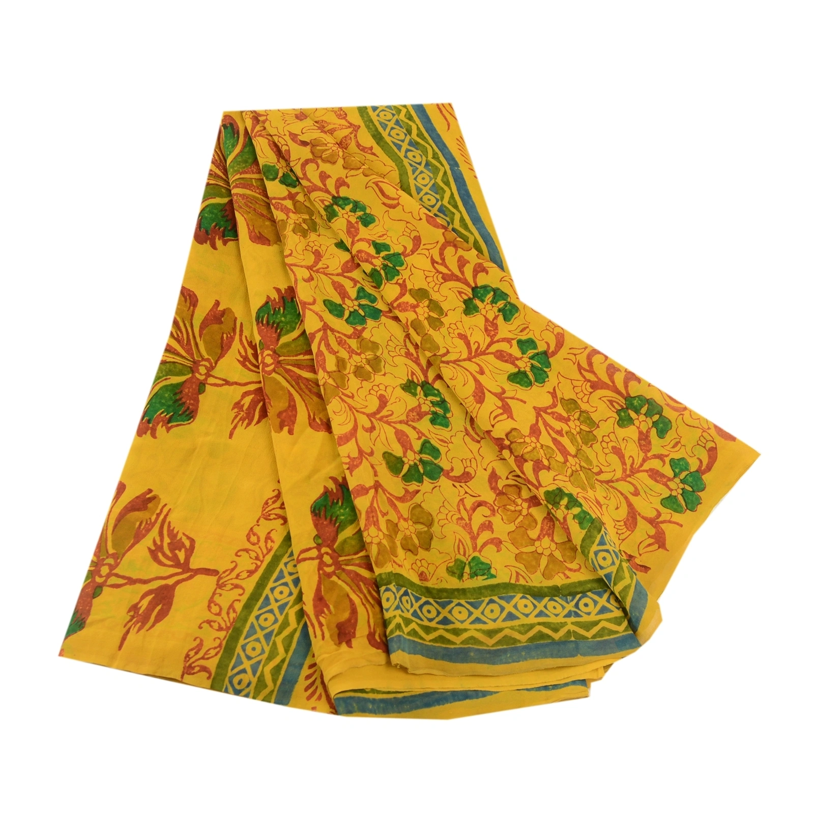 Sanskriti Vintage Sarees Yellow 100% Pure Georgette Silk Printed Sari Soft Fabric, PRG-11820-Yellow-Printed Floral Design-Pure Georgette Silk-2