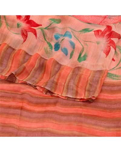 Sanskriti Vintage Sarees From India Red Blend Georgette Printed Sari Craft Fabric, PRG-11823-Red-Printed Floral Design-Blend Georgette-7