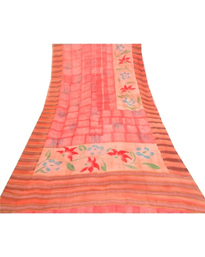 Sanskriti Vintage Sarees From India Red Blend Georgette Printed Sari Craft Fabric, PRG-11823-Red-Printed Floral Design-Blend Georgette-8