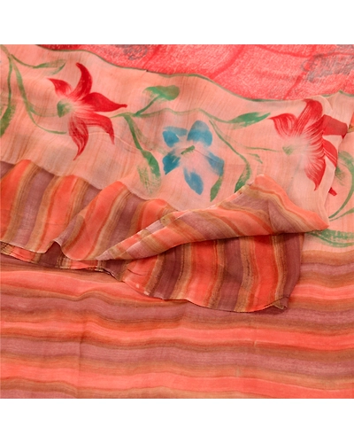 Sanskriti Vintage Sarees From India Red Blend Georgette Printed Sari Craft Fabric, PRG-11823-Red-Printed Floral Design-Blend Georgette-9