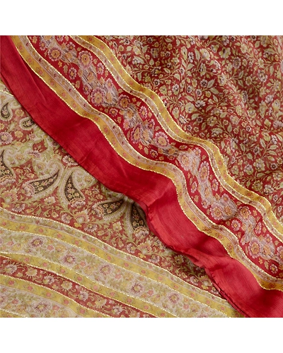 Sanskriti Vintage Sarees Dark Red Pure Chiffon Silk Printed Sari Craft Fabric, PRG-11827-Dark Red-Printed Floral Design-Pure Chiffon Silk-1