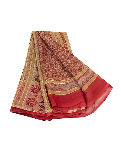 Sanskriti Vintage Sarees Dark Red Pure Chiffon Silk Printed Sari Craft Fabric, PRG-11827-Dark Red-Printed Floral Design-Pure Chiffon Silk-2