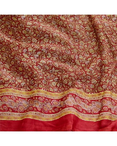 Sanskriti Vintage Sarees Dark Red Pure Chiffon Silk Printed Sari Craft Fabric, PRG-11827-Dark Red-Printed Floral Design-Pure Chiffon Silk-6