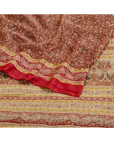 Sanskriti Vintage Sarees Dark Red Pure Chiffon Silk Printed Sari Craft Fabric, PRG-11827-Dark Red-Printed Floral Design-Pure Chiffon Silk-7