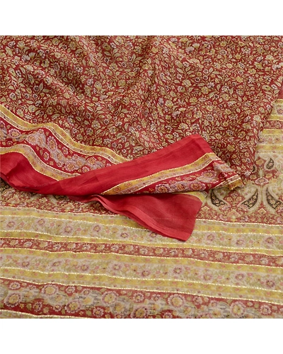 Sanskriti Vintage Sarees Dark Red Pure Chiffon Silk Printed Sari Craft Fabric, PRG-11827-Dark Red-Printed Floral Design-Pure Chiffon Silk-9