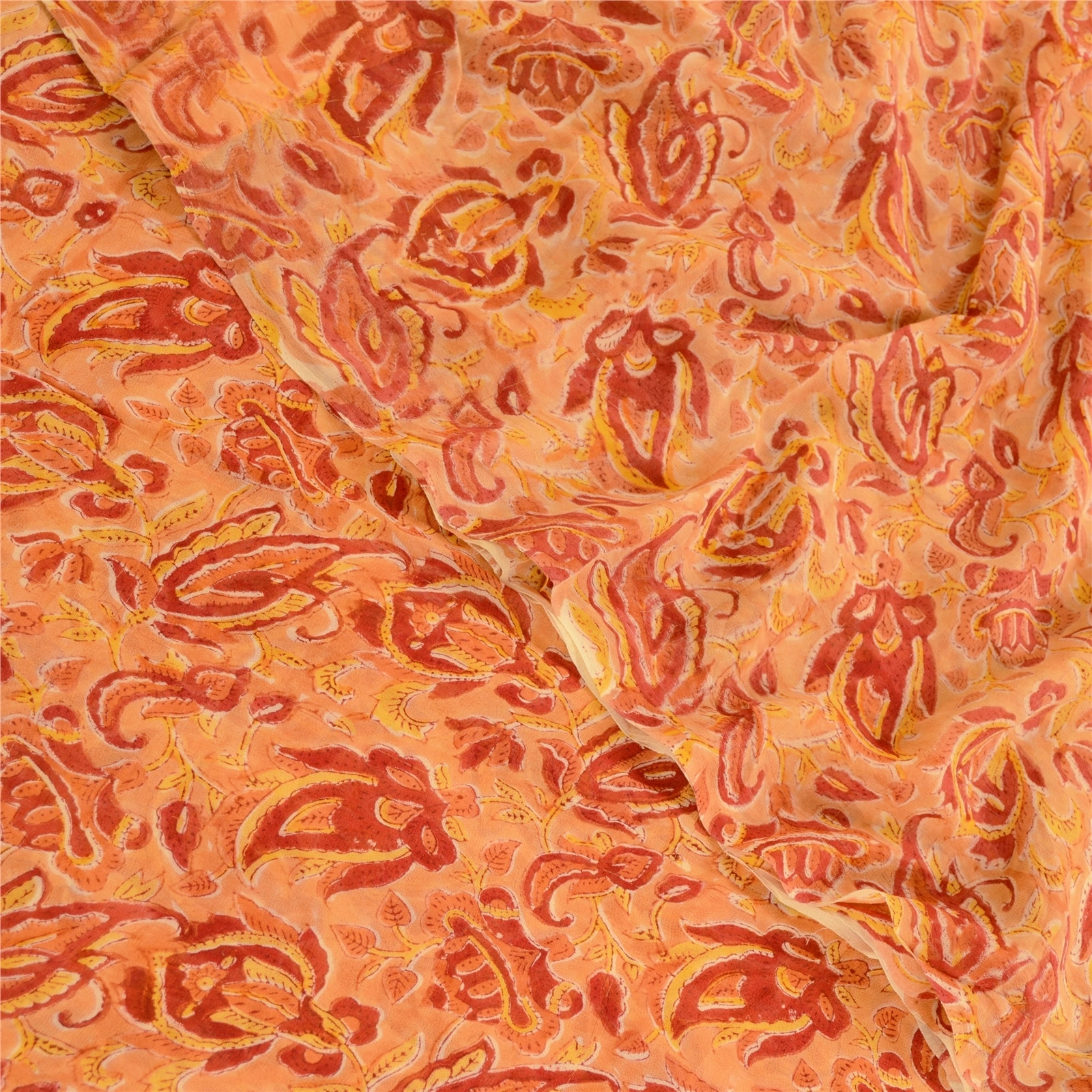 Sanskriti Vintage Sarees Saffron Blend Georgette Printed Sari 5Yd Craft Fabric, PRG-11830-Saffron-Printed Floral Design-Blend Georgette-1