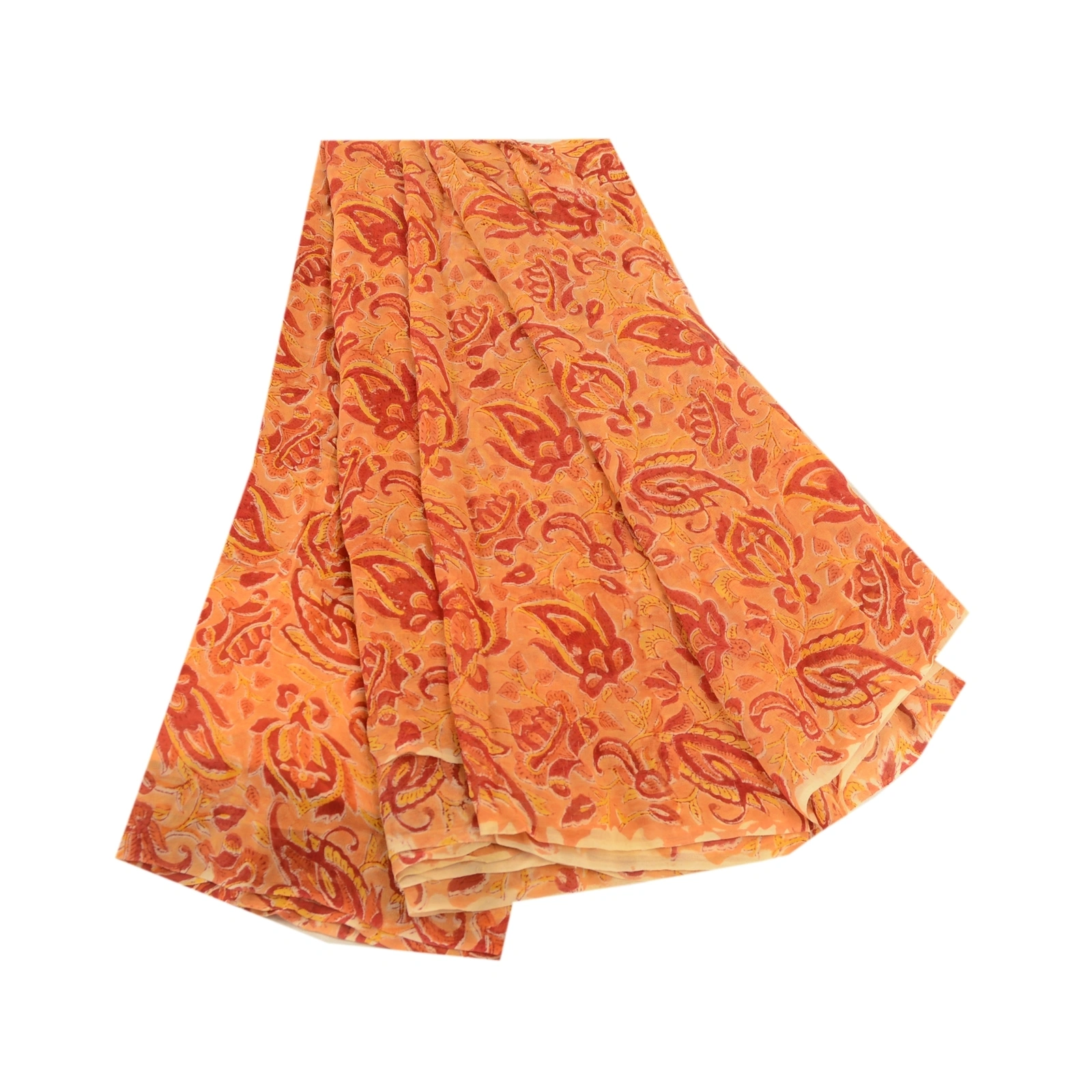 Sanskriti Vintage Sarees Saffron Blend Georgette Printed Sari 5Yd Craft Fabric, PRG-11830-Saffron-Printed Floral Design-Blend Georgette-2