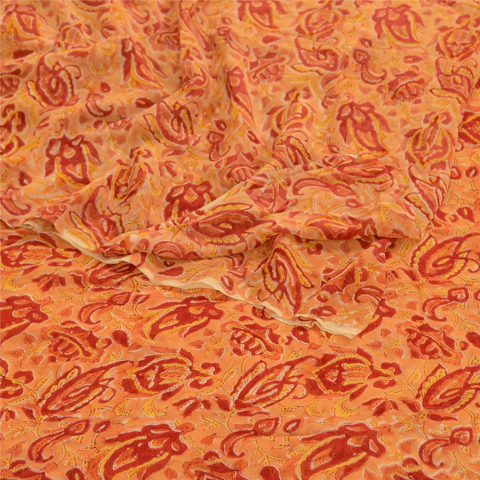 Sanskriti Vintage Sarees Saffron Blend Georgette Printed Sari 5Yd Craft Fabric, PRG-11830-Saffron-Printed Floral Design-Blend Georgette-9