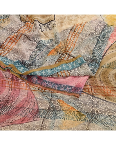 Sanskriti Vintage Sarees Multi Pure Georgette Silk Printed Sari 5Yd Craft Fabric, PRG-11850-Multi-Printed Floral Design-Pure Georgette Silk-9