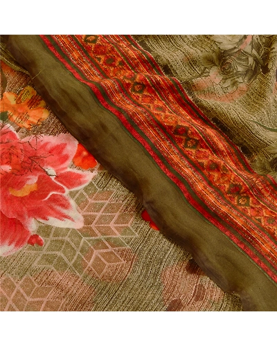 Sanskriti Vintage Sarees Indian Green Georgette Printed Sari Soft Craft Fabric, PRG-11853-Green-Printed Floral Design-Poly Georgette-1