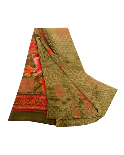 Sanskriti Vintage Sarees Indian Green Georgette Printed Sari Soft Craft Fabric, PRG-11853-Green-Printed Floral Design-Poly Georgette-2