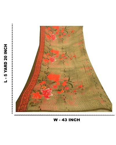 Sanskriti Vintage Sarees Indian Green Georgette Printed Sari Soft Craft Fabric, PRG-11853-Green-Printed Floral Design-Poly Georgette-3