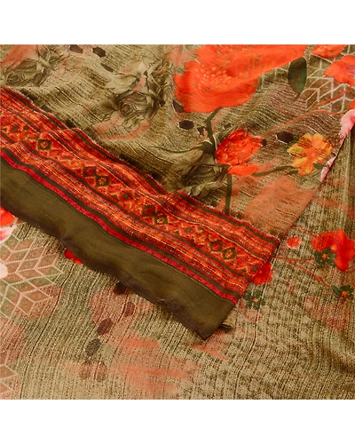 Sanskriti Vintage Sarees Indian Green Georgette Printed Sari Soft Craft Fabric, PRG-11853-Green-Printed Floral Design-Poly Georgette-7