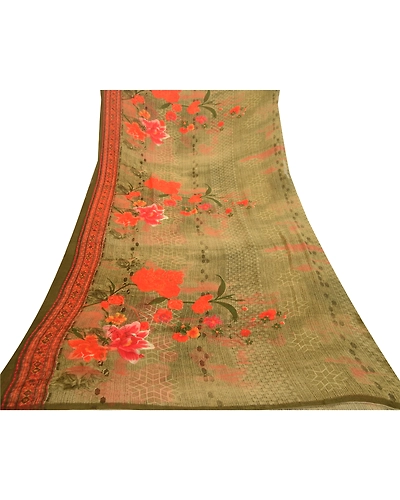 Sanskriti Vintage Sarees Indian Green Georgette Printed Sari Soft Craft Fabric, PRG-11853-Green-Printed Floral Design-Poly Georgette-8