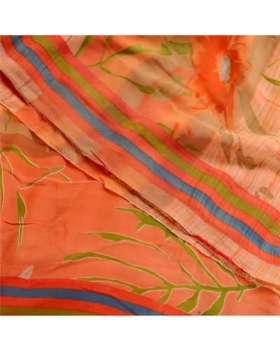 Sanskriti Vintage Sarees Peach Pure Georgette Silk Printed Sari 5Yd Craft Fabric, PRG-11854-Peach-Printed Floral Design-Pure Georgette Silk-1