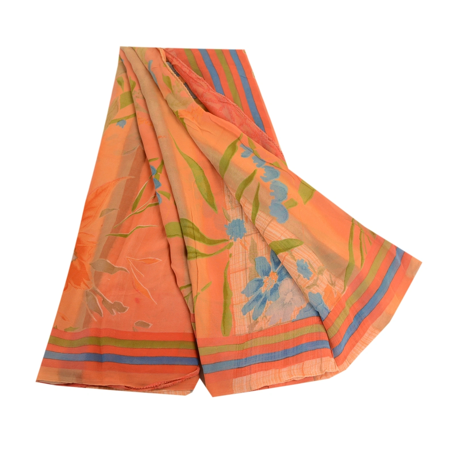 Sanskriti Vintage Sarees Peach Pure Georgette Silk Printed Sari 5Yd Craft Fabric, PRG-11854-Peach-Printed Floral Design-Pure Georgette Silk-2