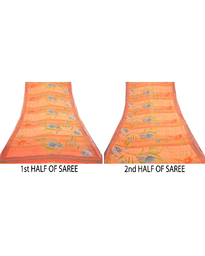 Sanskriti Vintage Sarees Peach Pure Georgette Silk Printed Sari 5Yd Craft Fabric, PRG-11854-Peach-Printed Floral Design-Pure Georgette Silk-5