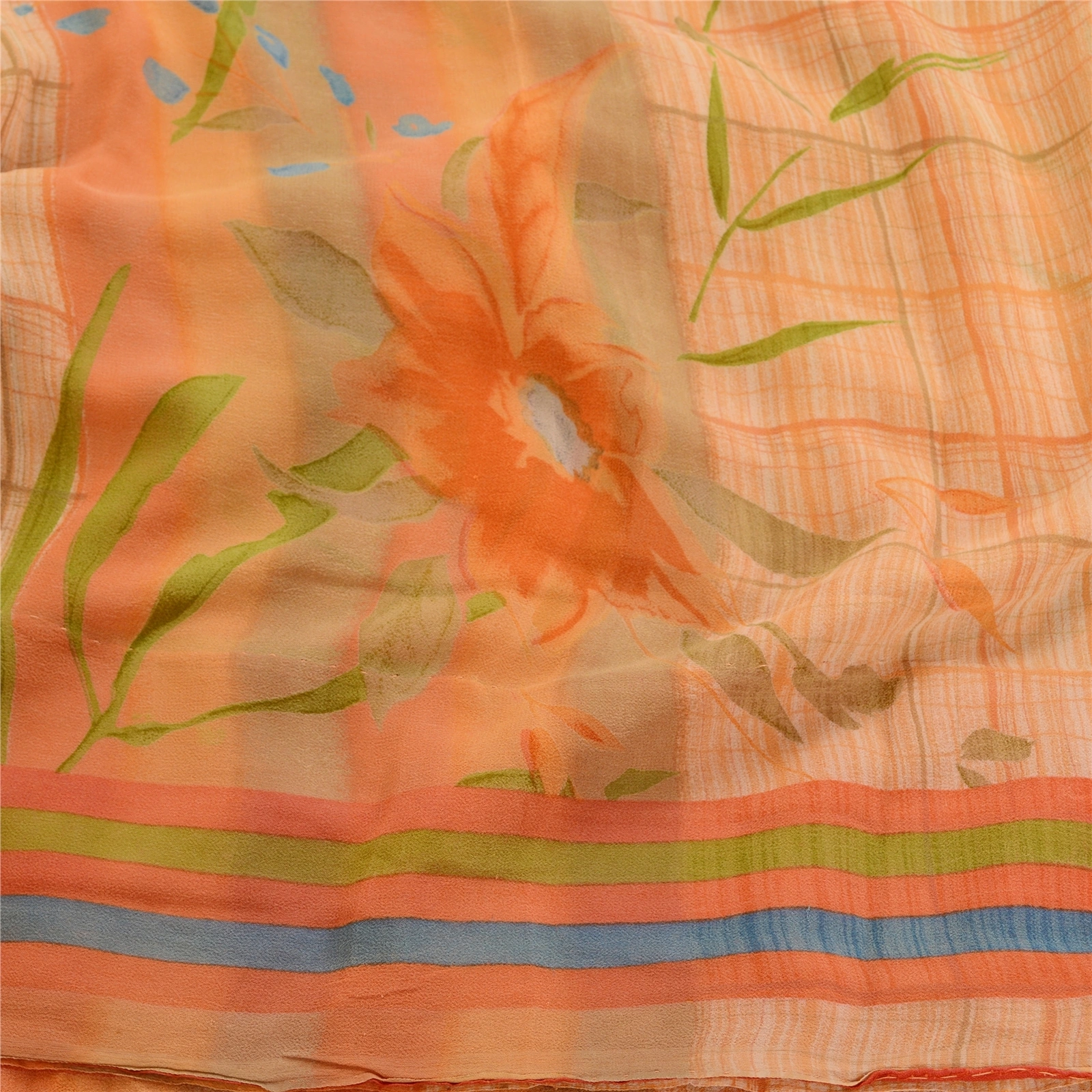 Sanskriti Vintage Sarees Peach Pure Georgette Silk Printed Sari 5Yd Craft Fabric, PRG-11854-Peach-Printed Floral Design-Pure Georgette Silk-6