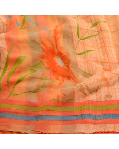 Sanskriti Vintage Sarees Peach Pure Georgette Silk Printed Sari 5Yd Craft Fabric, PRG-11854-Peach-Printed Floral Design-Pure Georgette Silk-6