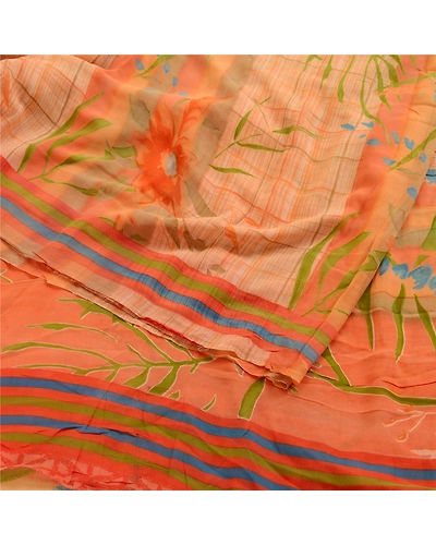 Sanskriti Vintage Sarees Peach Pure Georgette Silk Printed Sari 5Yd Craft Fabric, PRG-11854-Peach-Printed Floral Design-Pure Georgette Silk-7
