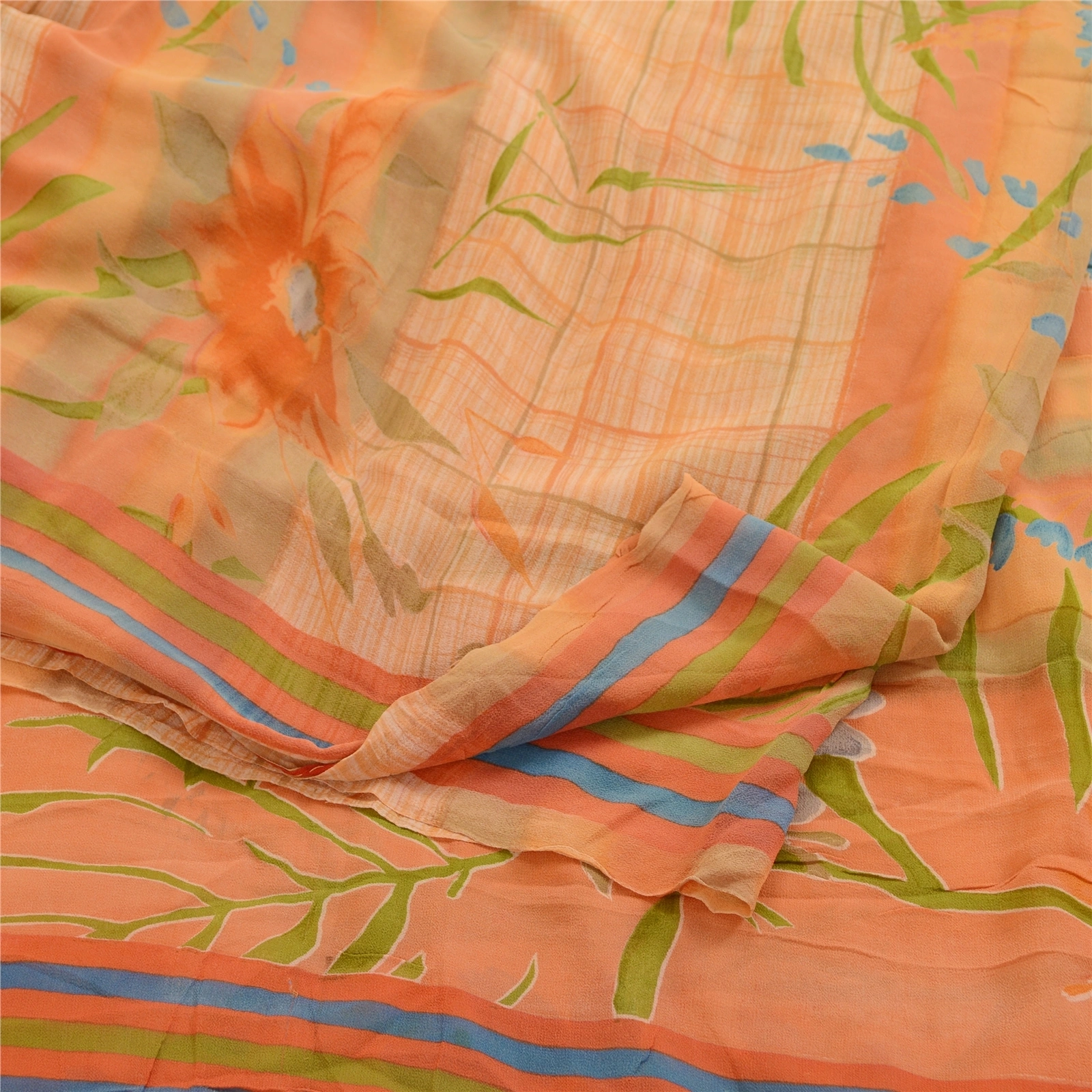 Sanskriti Vintage Sarees Peach Pure Georgette Silk Printed Sari 5Yd Craft Fabric, PRG-11854-Peach-Printed Floral Design-Pure Georgette Silk-9