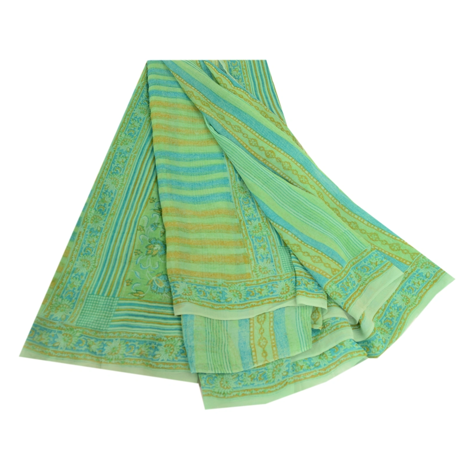 Sanskriti Vintage Sarees Green Pure Georgette Silk Printed Sari 5Yd Craft Fabric, PRG-11869-Green-Printed Floral Design-Pure Georgette Silk-2