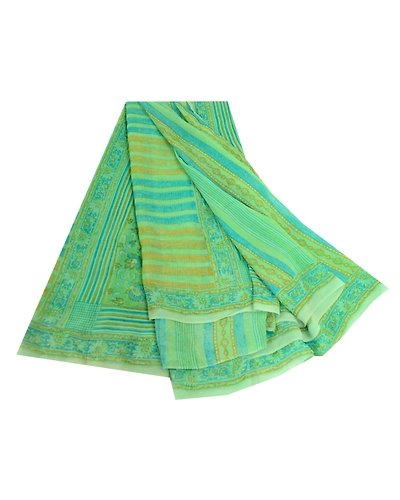 Sanskriti Vintage Sarees Green Pure Georgette Silk Printed Sari 5Yd Craft Fabric, PRG-11869-Green-Printed Floral Design-Pure Georgette Silk-2