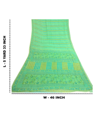 Sanskriti Vintage Sarees Green Pure Georgette Silk Printed Sari 5Yd Craft Fabric, PRG-11869-Green-Printed Floral Design-Pure Georgette Silk-3