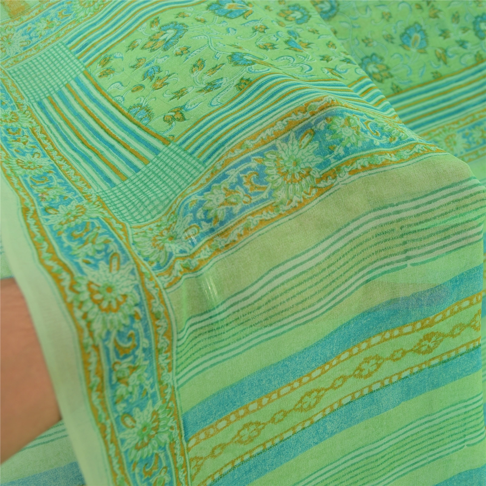 Sanskriti Vintage Sarees Green Pure Georgette Silk Printed Sari 5Yd Craft Fabric, PRG-11869-Green-Printed Floral Design-Pure Georgette Silk-4