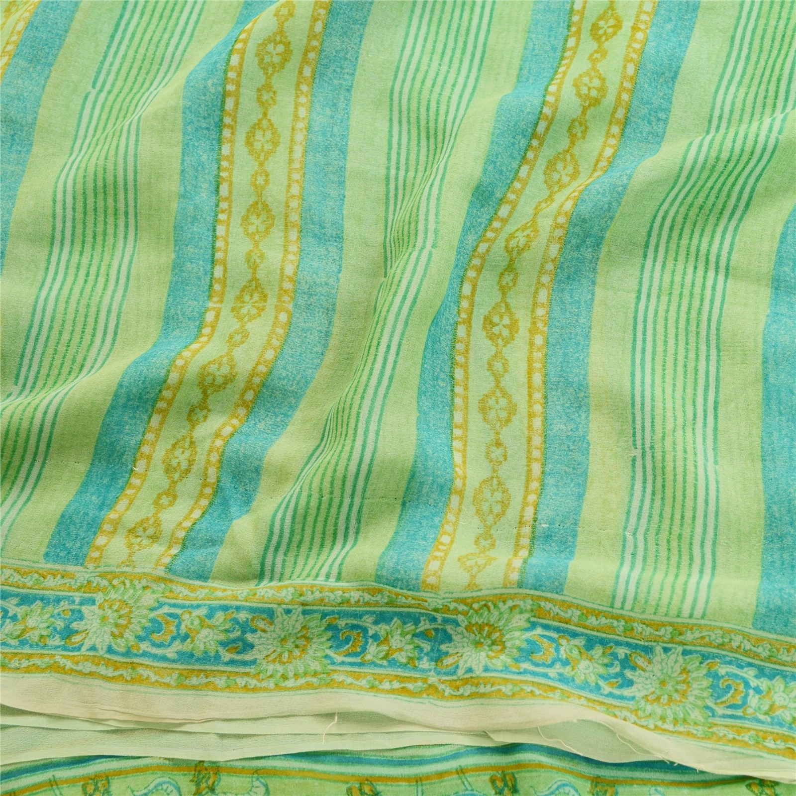 Sanskriti Vintage Sarees Green Pure Georgette Silk Printed Sari 5Yd Craft Fabric, PRG-11869-Green-Printed Floral Design-Pure Georgette Silk-6