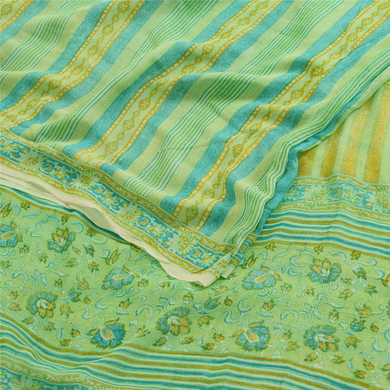 Sanskriti Vintage Sarees Green Pure Georgette Silk Printed Sari 5Yd Craft Fabric, PRG-11869-Green-Printed Floral Design-Pure Georgette Silk-7