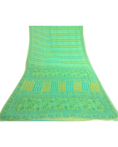 Sanskriti Vintage Sarees Green Pure Georgette Silk Printed Sari 5Yd Craft Fabric, PRG-11869-Green-Printed Floral Design-Pure Georgette Silk-8