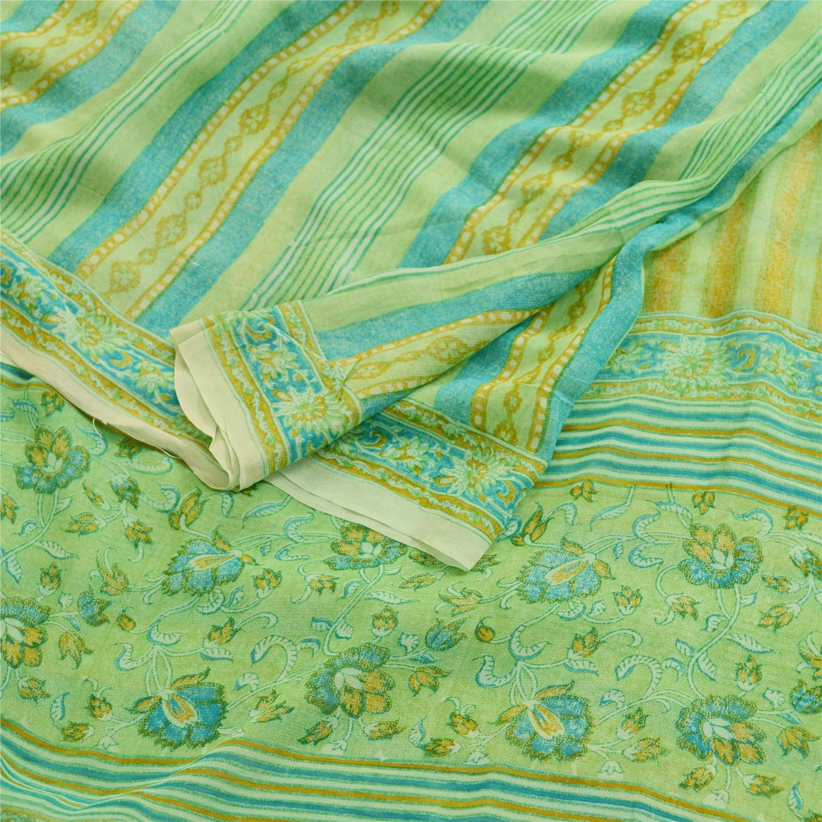 Sanskriti Vintage Sarees Green Pure Georgette Silk Printed Sari 5Yd Craft Fabric, PRG-11869-Green-Printed Floral Design-Pure Georgette Silk-9