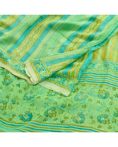 Sanskriti Vintage Sarees Green Pure Georgette Silk Printed Sari 5Yd Craft Fabric, PRG-11869-Green-Printed Floral Design-Pure Georgette Silk-9