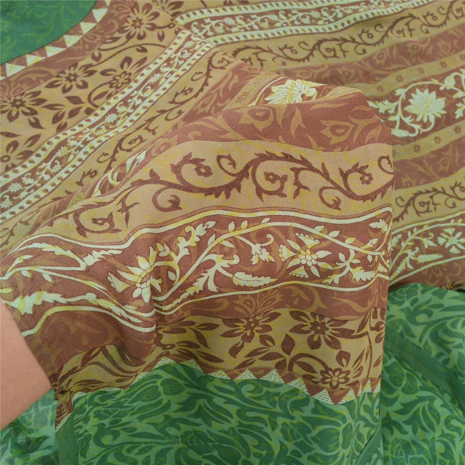 Sanskriti Vintage Sarees Green Pure Georgette Silk Printed Sari 5Yd Craft Fabric, PRG-11876-Green-Printed Floral Design-Pure Georgette Silk-4